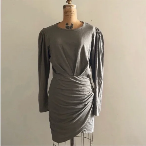 IRO] Olive green Garah ruched Stretch Linen jersey Puff pad sleeve Mini Dress